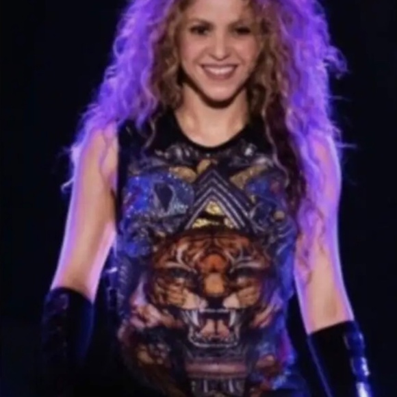 BALMAIN Embellished distressed tiger printed cotton-jersey top seen on Shakira - Picture 1 of 5